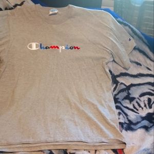 Champion, men size XL, and gray w/multi color embroidery.